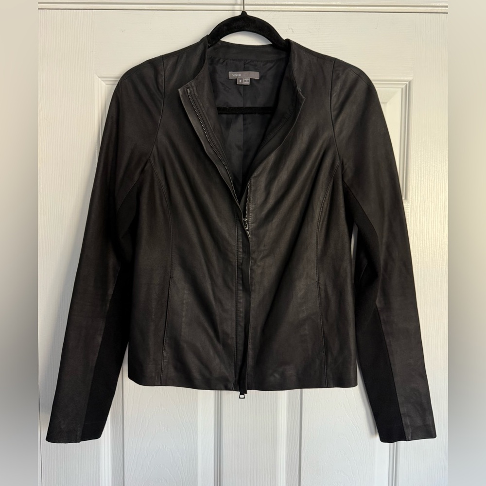 VINCE Collarless Soft Butter Leather Knit Stretch Sleeve Zip Minimalist Jacket S - Picture 4 of 11